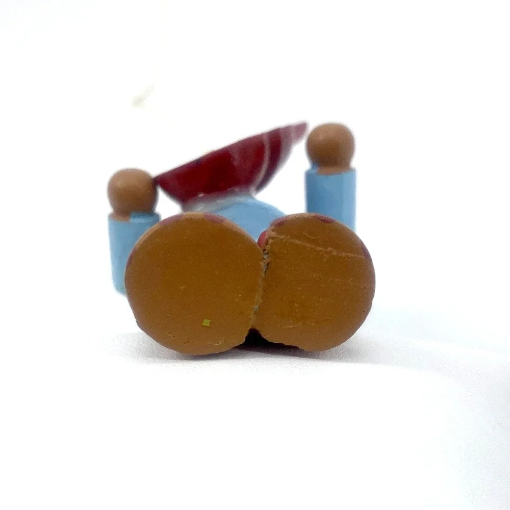 Brown Bear Wood Ornament Holding Playing Red Guitar Blue Top & Hat 3 inches - Picture 4 of 9